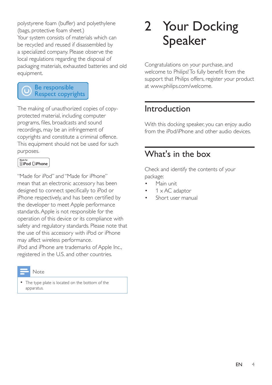 2 your docking speaker, Introduction, What's in the box | Philips DS7580-37 User Manual | Page 4 / 9