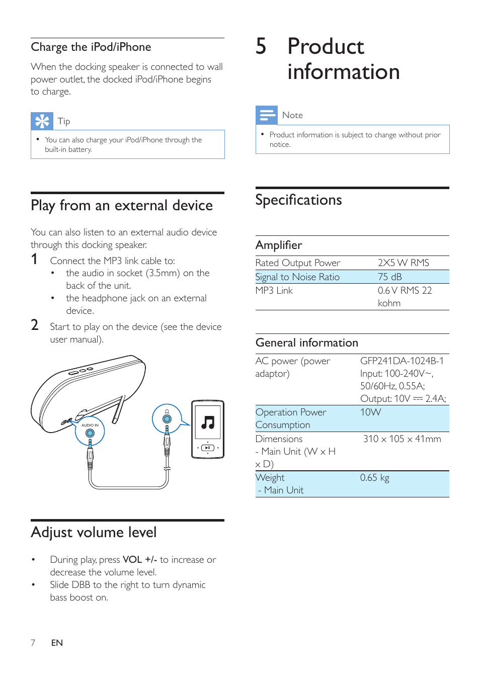 5 product information, Play from an external device, Adjust volume level | Specifications | Philips DS7580-37 User Manual | Page 7 / 9