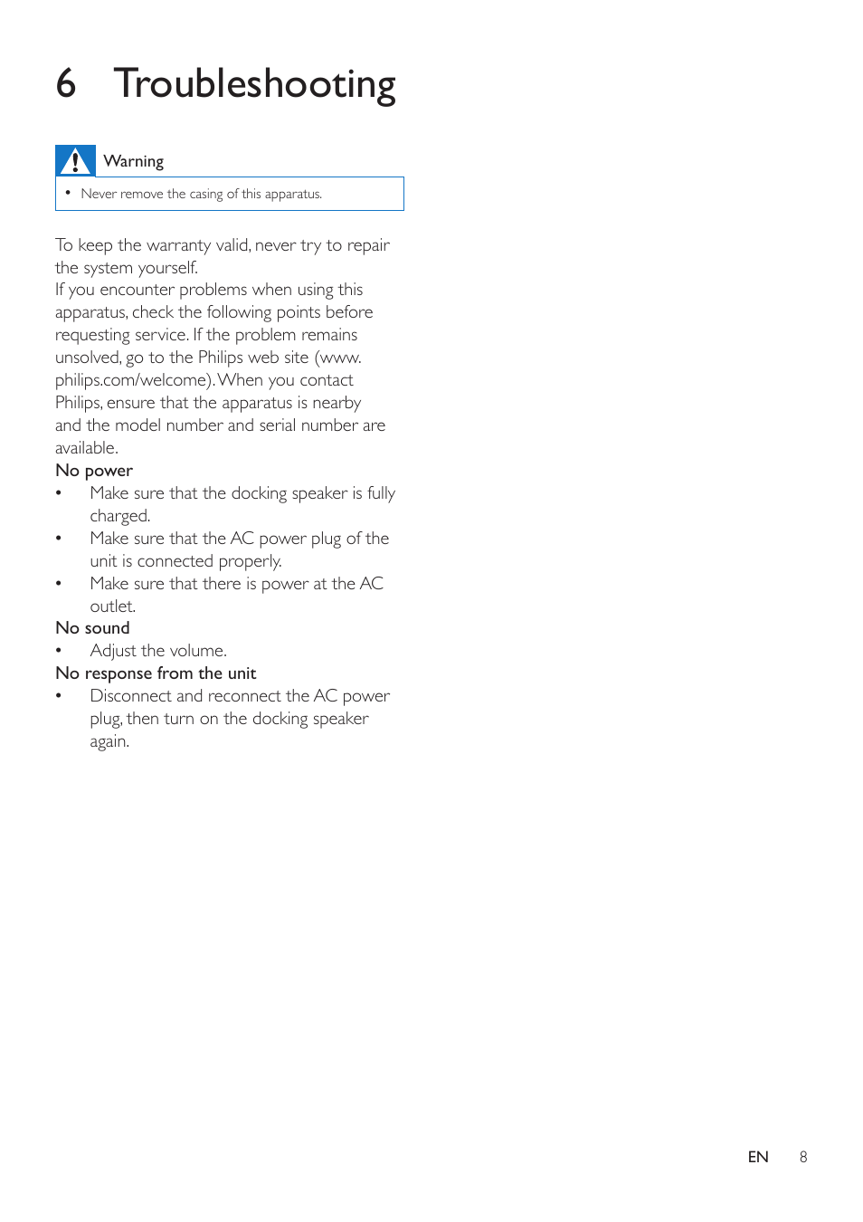 6 troubleshooting | Philips DS7580-37 User Manual | Page 8 / 9