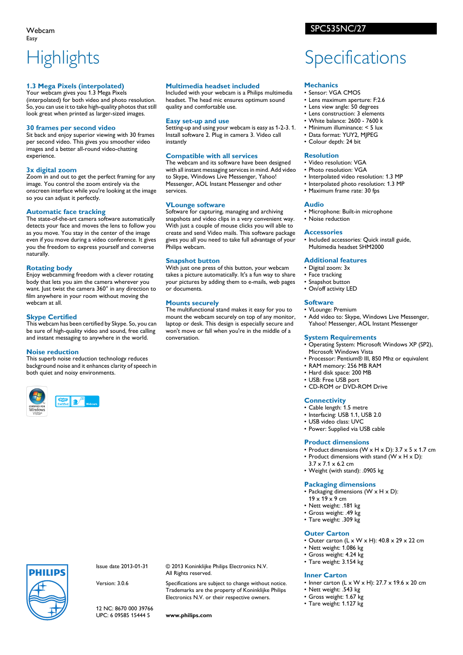 Highlights, Specifications | Philips SPC535NC-27 User Manual | Page 2 / 2