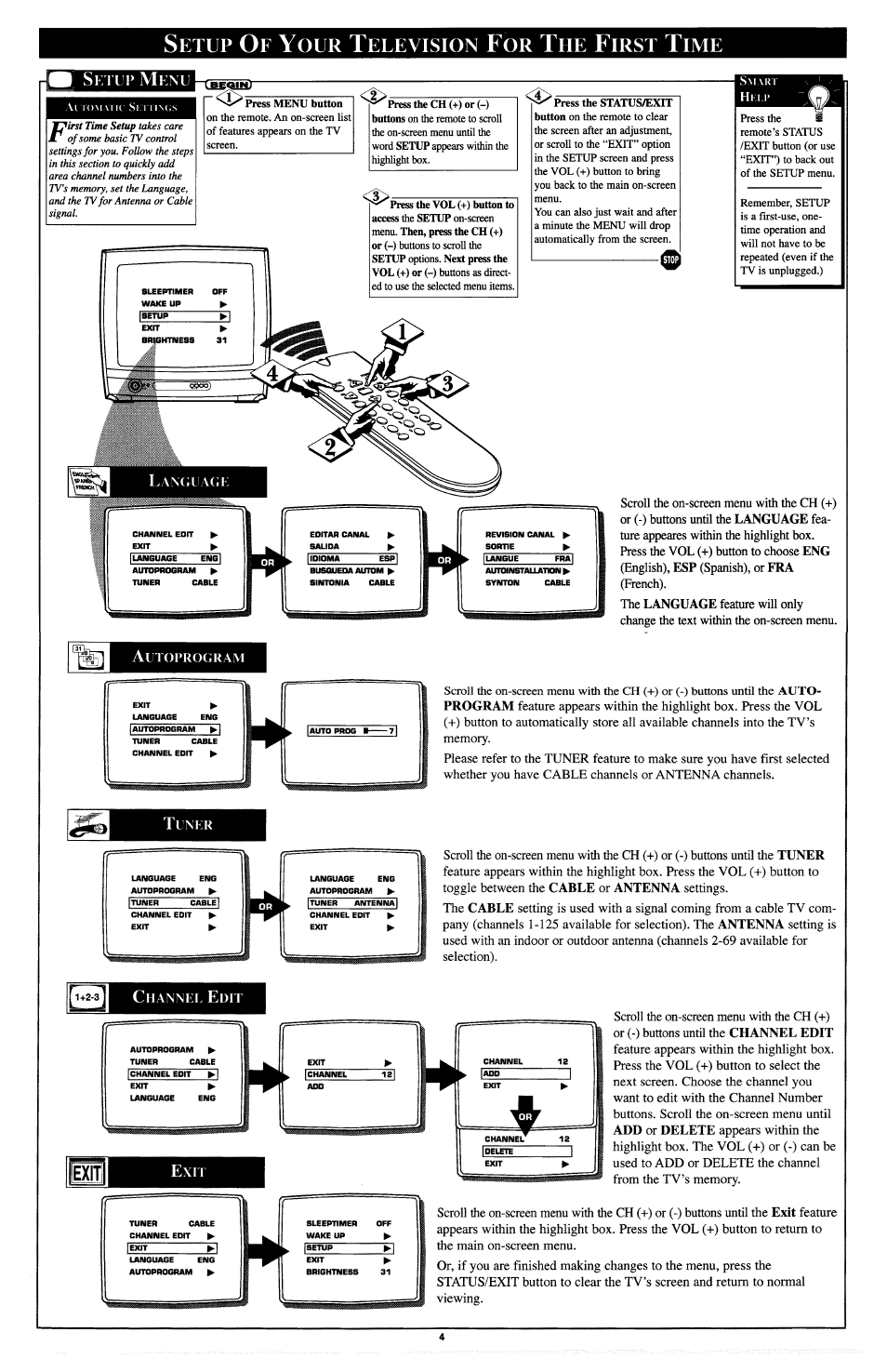 Setup of your teuevision for the first time, Exit, Etup | Euevision, Irst | Philips PR1302C User Manual | Page 4 / 8