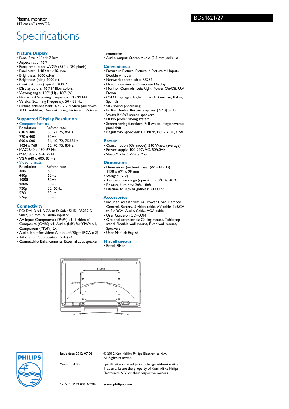 Specifications | Philips BDS4621-27 User Manual | Page 3 / 3