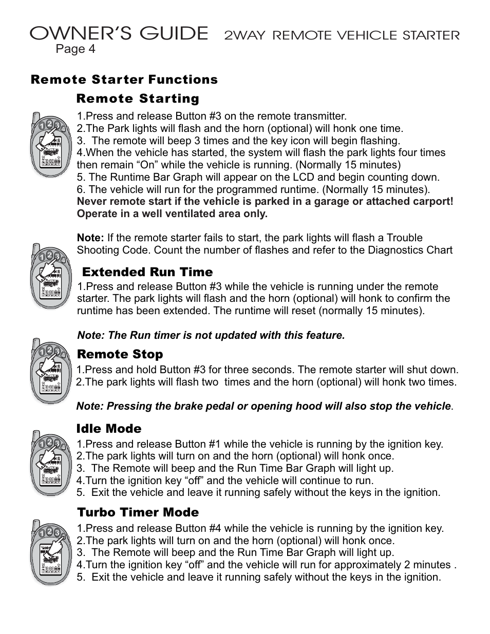 Owner’s guide, Page 4, 2way remote vehicle starter | Ultra Start 32xx Series User Manual | Page 4 / 12