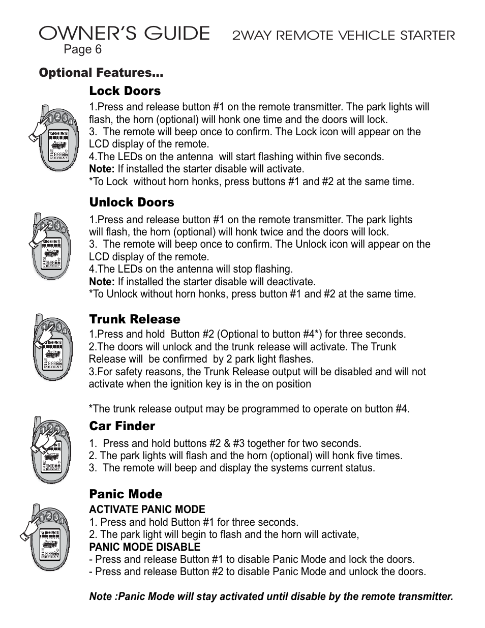 Owner’s guide, 2way remote vehicle starter | Ultra Start 32xx Series User Manual | Page 6 / 12