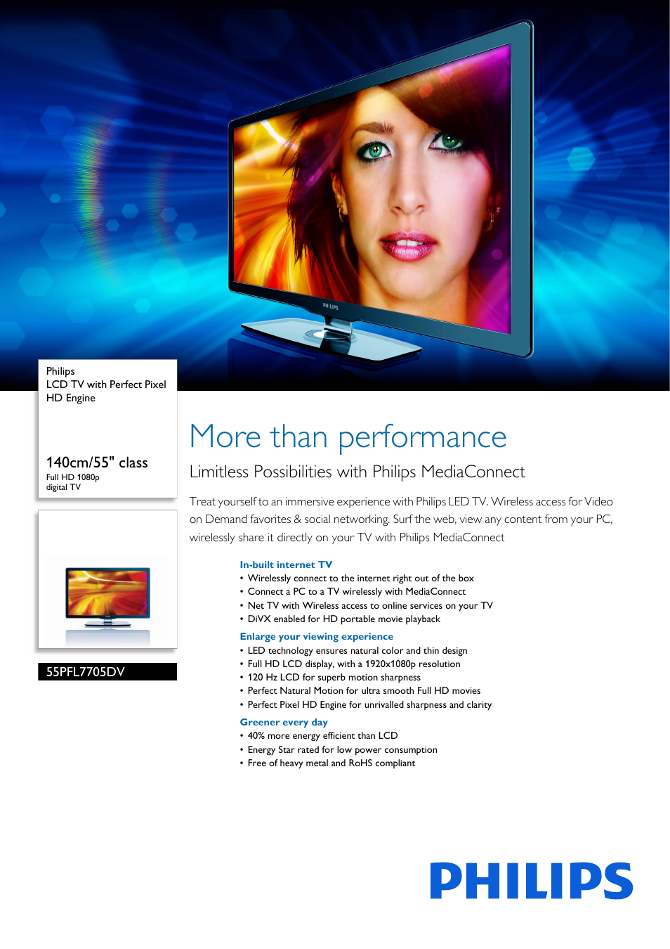 Philips LCD TV 55PFL7705DV 140cm-55" class Full HD 1080p digital TV with Perfect Pixel HD Engine User Manual | 3 pages