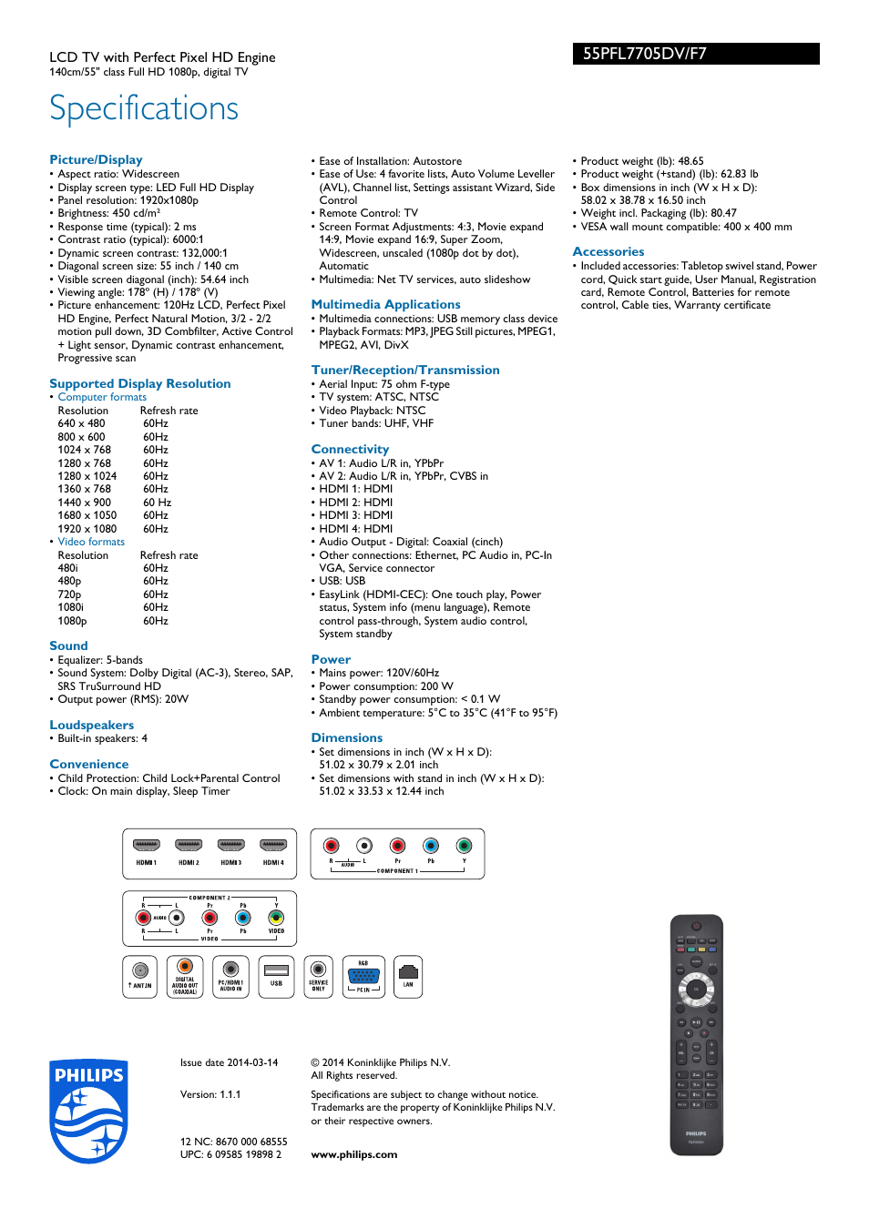 Specifications | Philips LCD TV 55PFL7705DV 140cm-55" class Full HD 1080p digital TV with Perfect Pixel HD Engine User Manual | Page 3 / 3