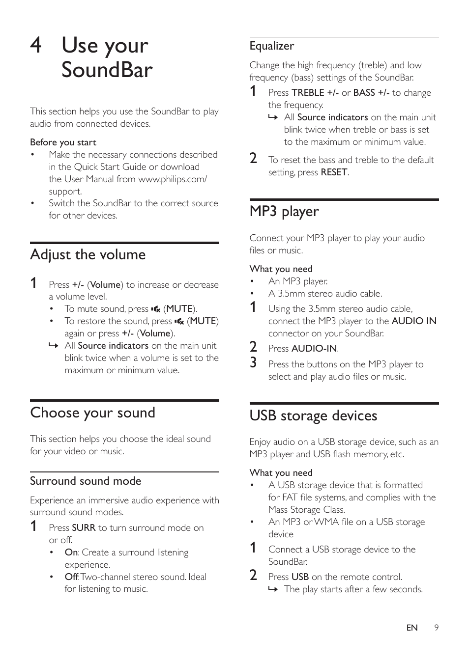 4 use your soundbar, Adjust the volume, Choose your sound | Mp3 player, Usb storage devices, Adjust the volume 1 | Philips HTL2111A-F7 User Manual | Page 11 / 18