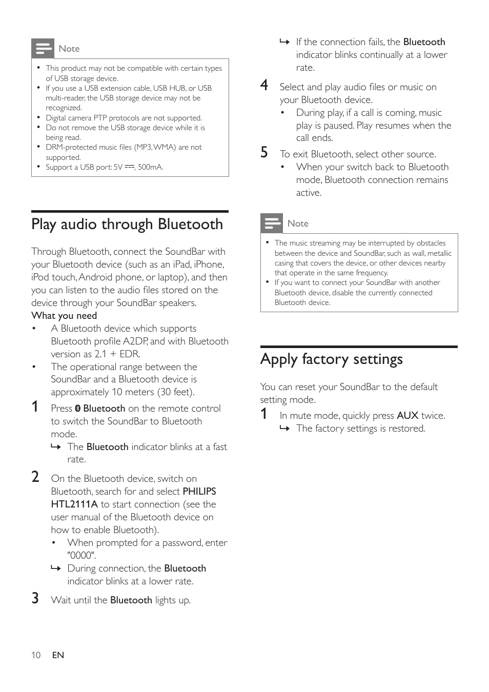 Play audio through bluetooth, Apply factory settings | Philips HTL2111A-F7 User Manual | Page 12 / 18