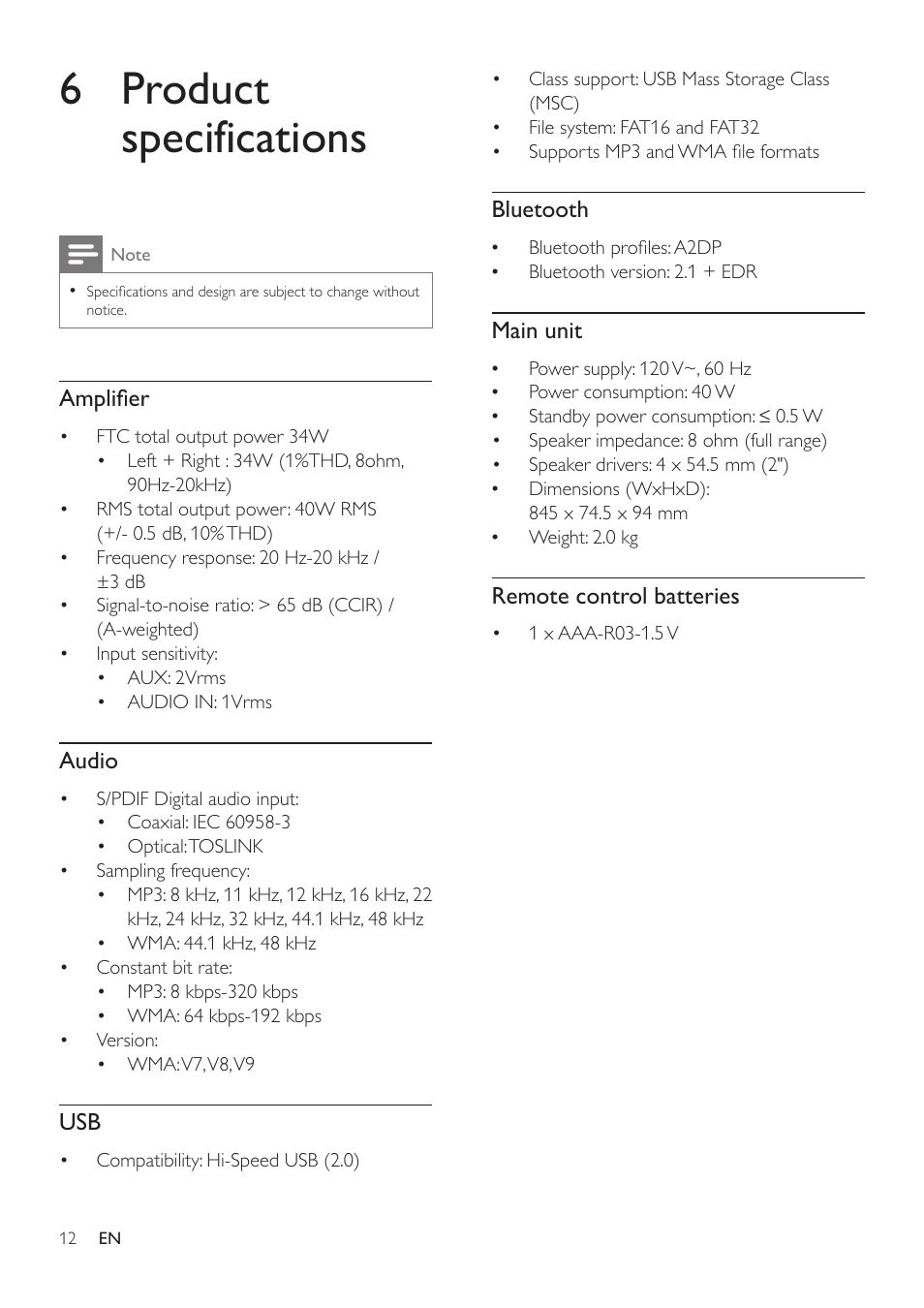 6 product specifications | Philips HTL2111A-F7 User Manual | Page 14 / 18