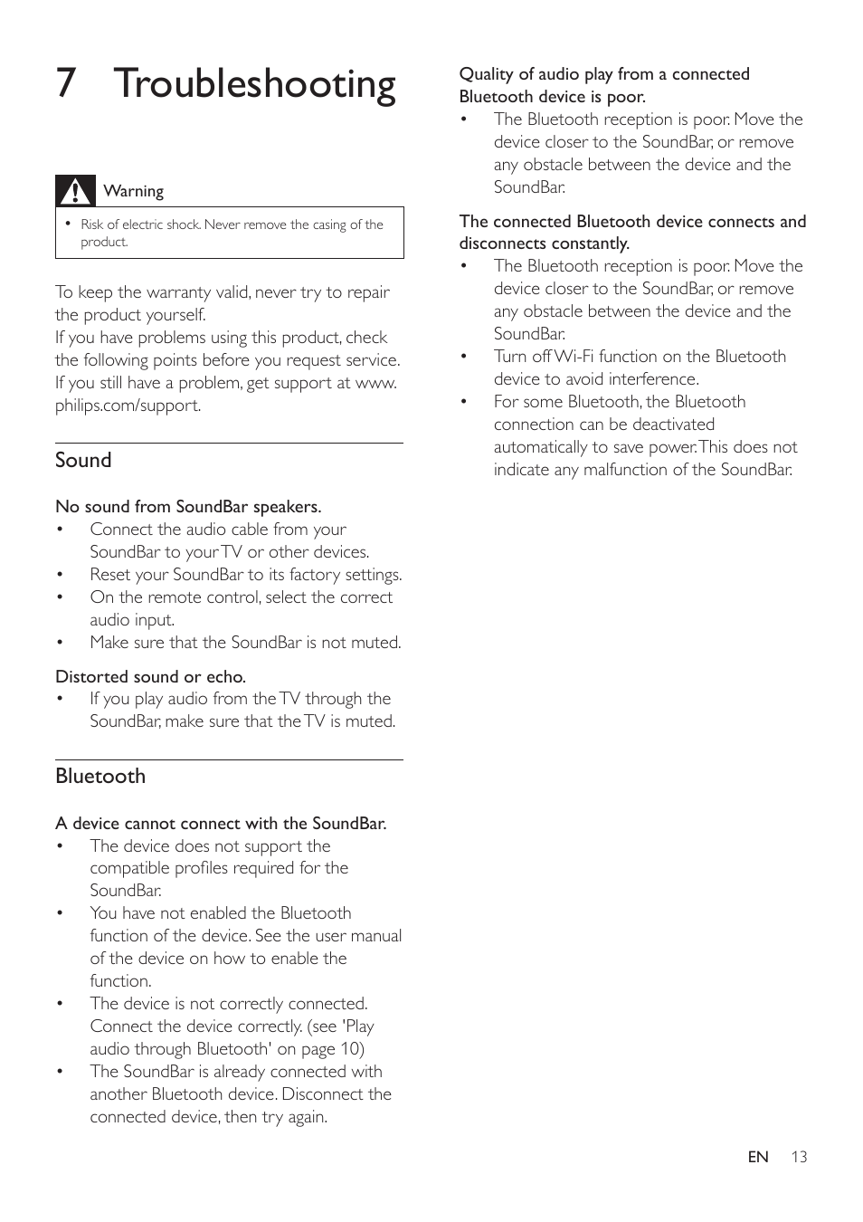 7 troubleshooting, Sound, Bluetooth | Philips HTL2111A-F7 User Manual | Page 15 / 18