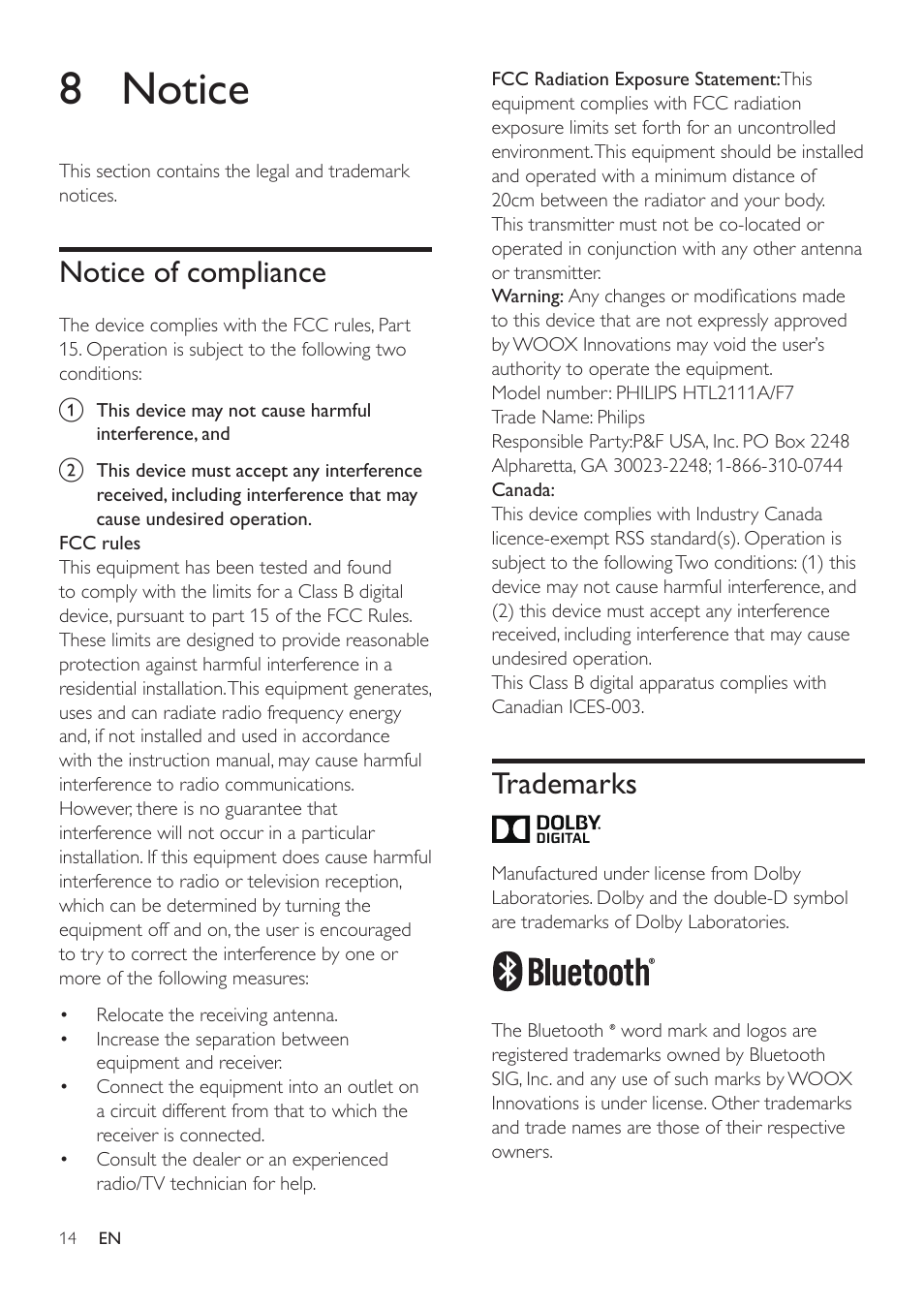 8 notice, Notice of compliance, Trademarks | Philips HTL2111A-F7 User Manual | Page 16 / 18
