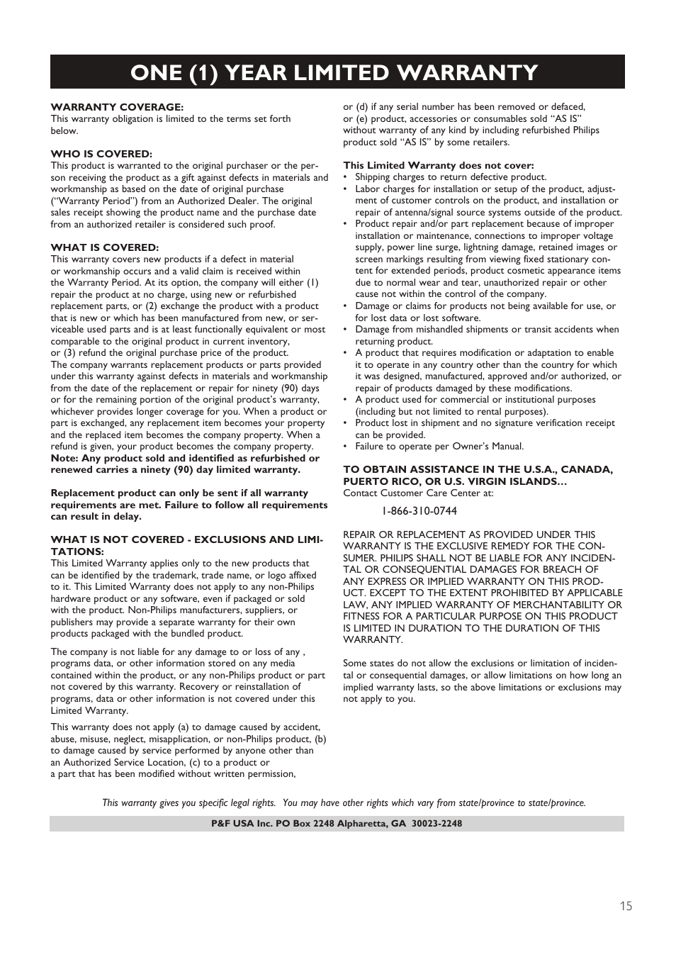 One (1) year limited warranty | Philips HTL2111A-F7 User Manual | Page 17 / 18