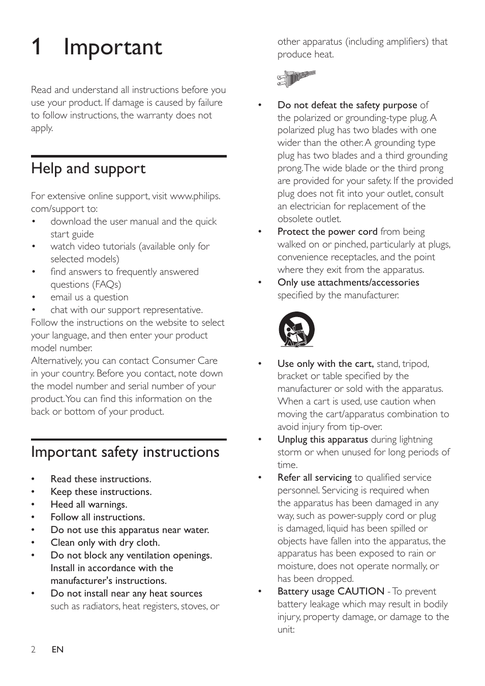 1 important, Help and support, Important safety instructions | Philips HTL2111A-F7 User Manual | Page 4 / 18