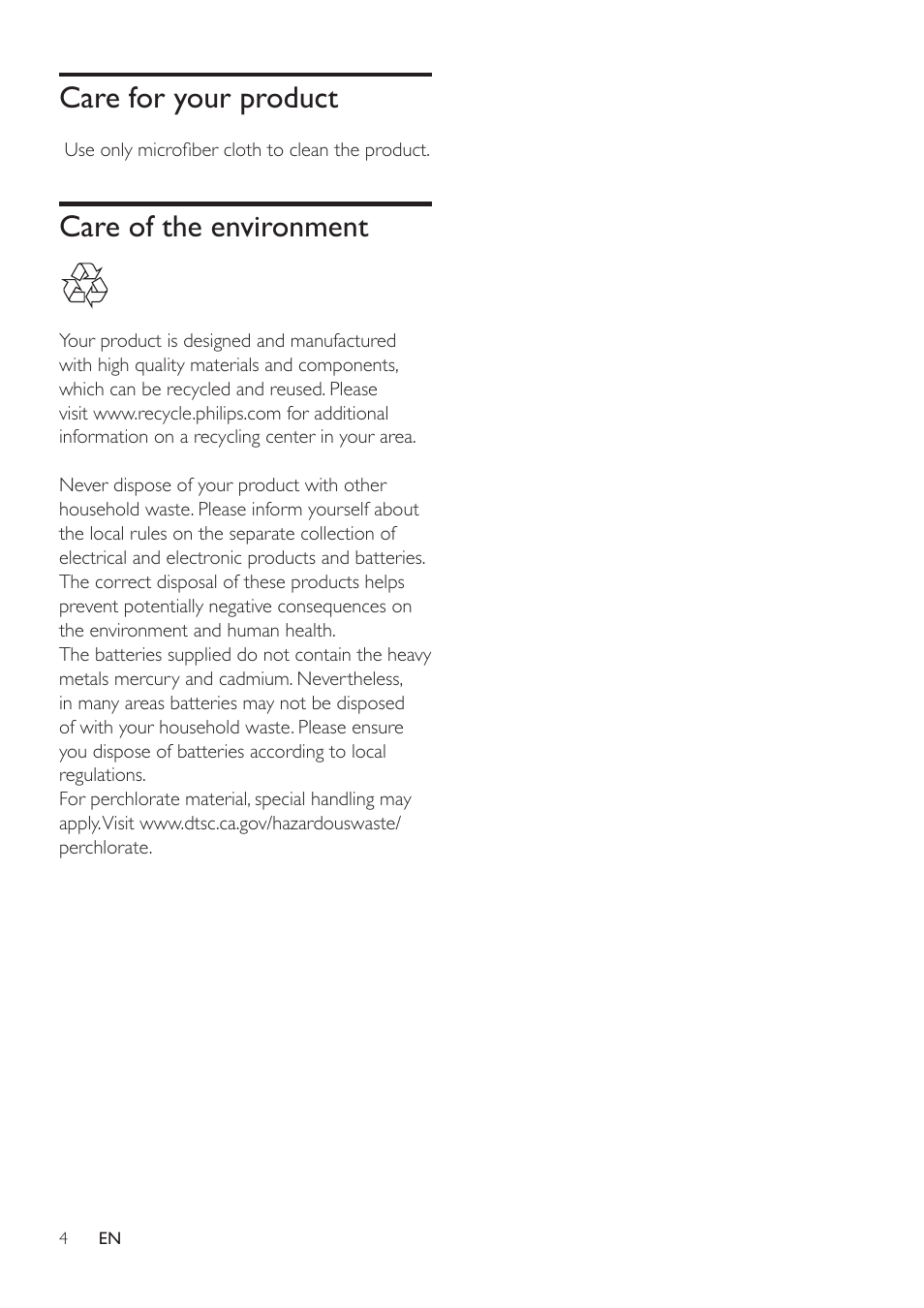 Care for your product, Care of the environment | Philips HTL2111A-F7 User Manual | Page 6 / 18