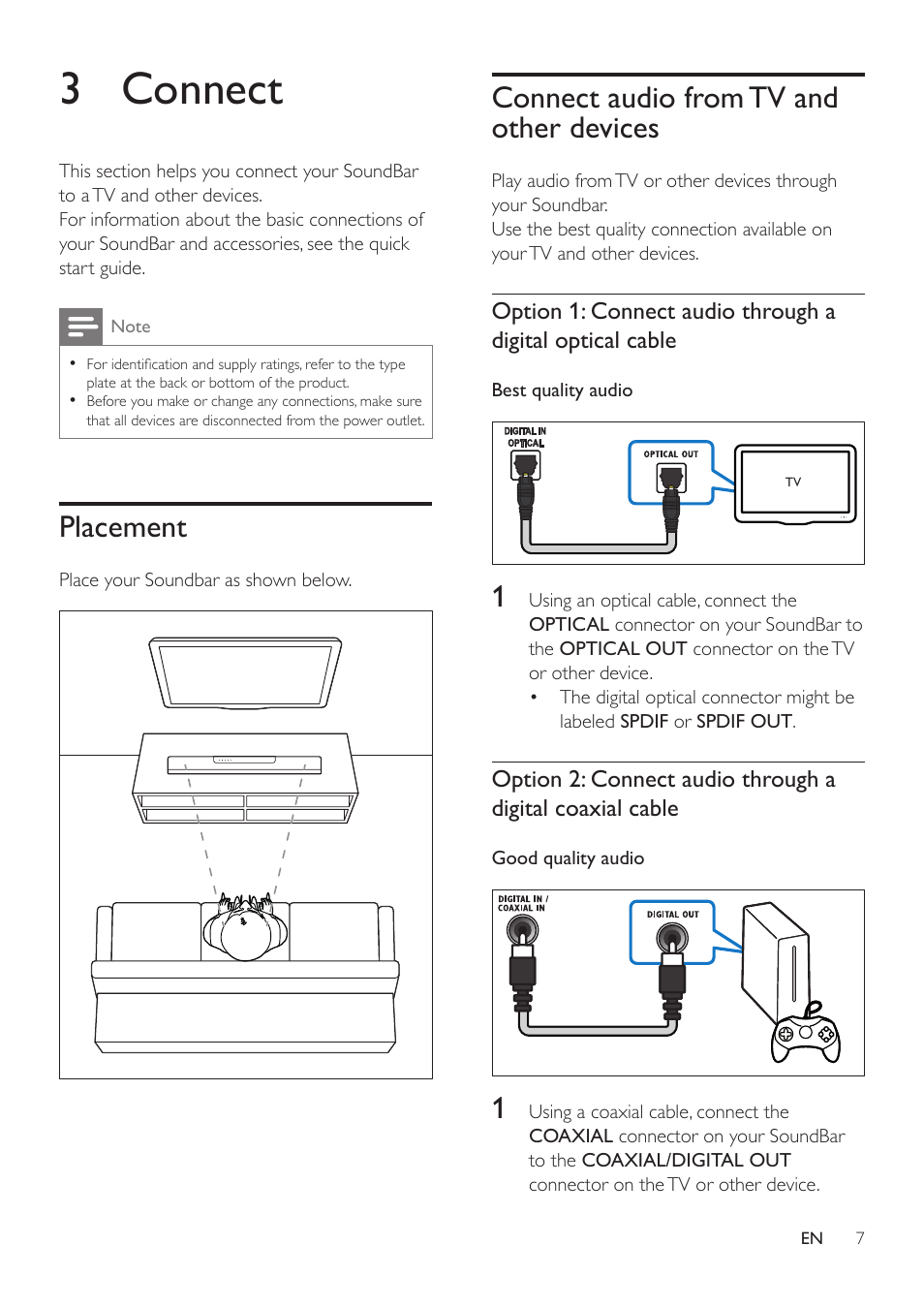 3 connect, Placement, Connect audio from tv and other devices | Connect audio from tv and other, Devices | Philips HTL2111A-F7 User Manual | Page 9 / 18