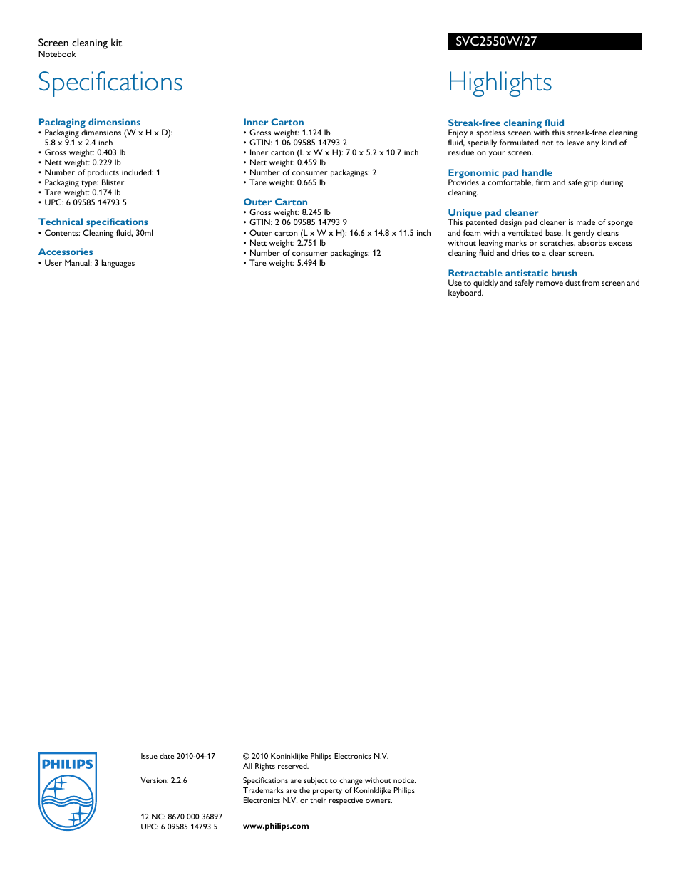 Specifications, Highlights | Philips SVC2550W-27 User Manual | Page 2 / 2