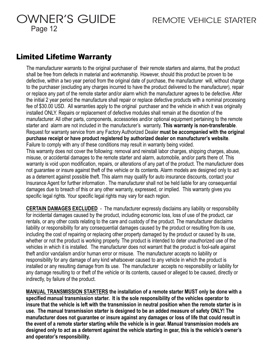 Owner’s guide | Ultra Start 1655XR User Manual | Page 12 / 12