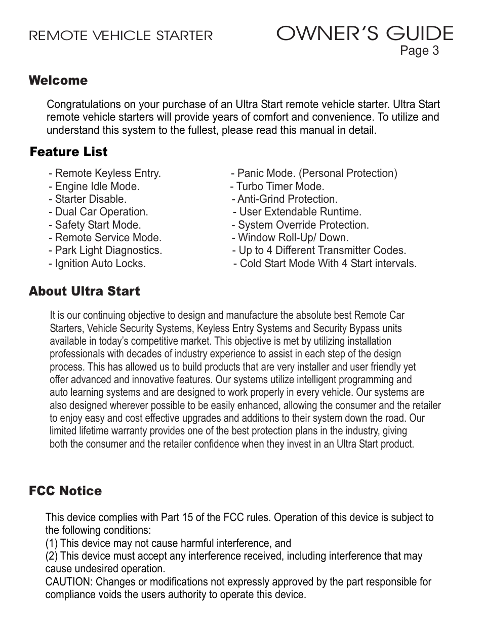 Owner ’s guide | Ultra Start 1655XR User Manual | Page 3 / 12