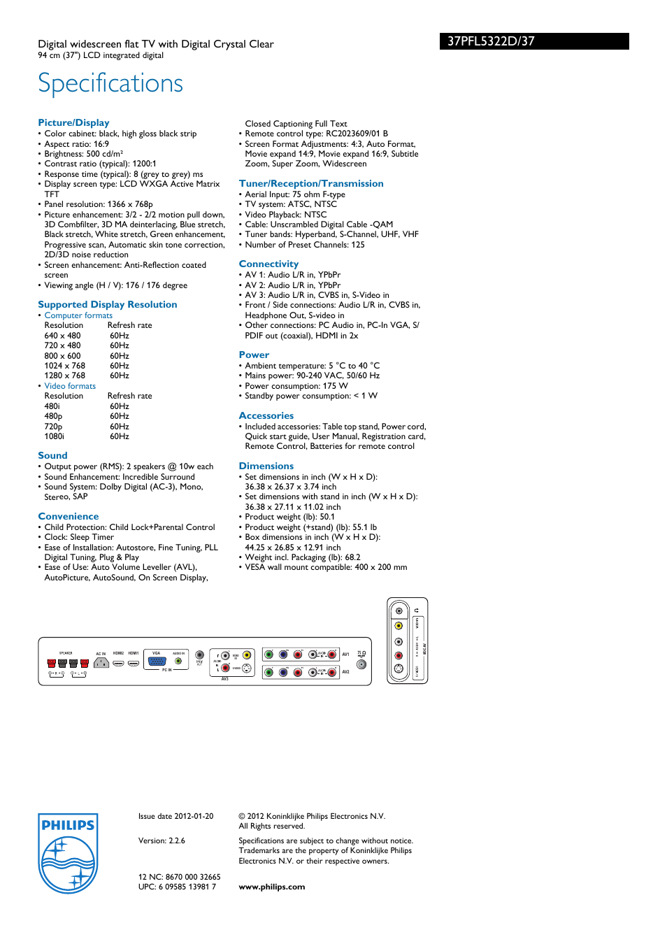 Specifications | Philips 37PFL5322D-37 User Manual | Page 3 / 3