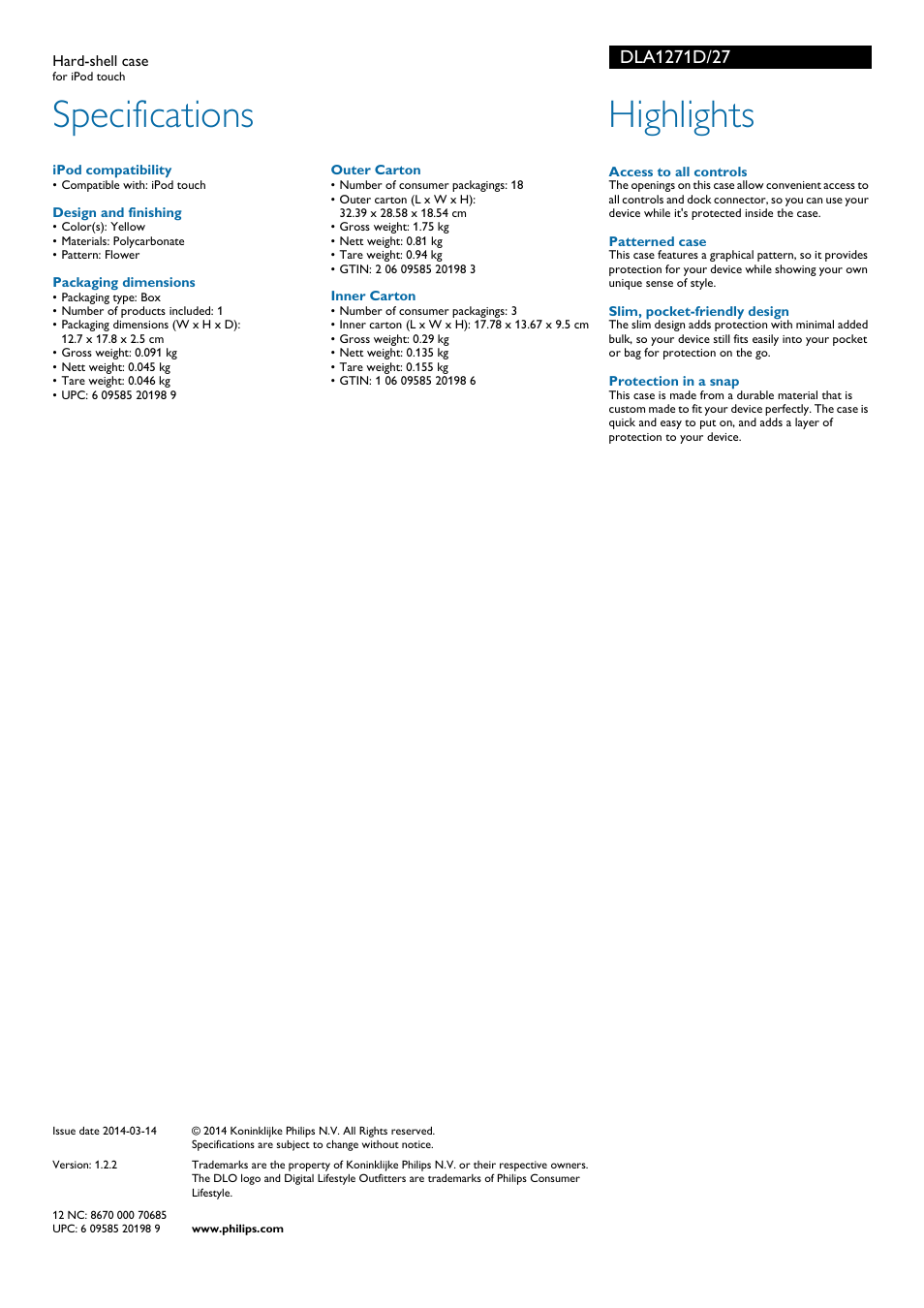 Specifications, Highlights | Philips DLA1271D-27 User Manual | Page 2 / 2