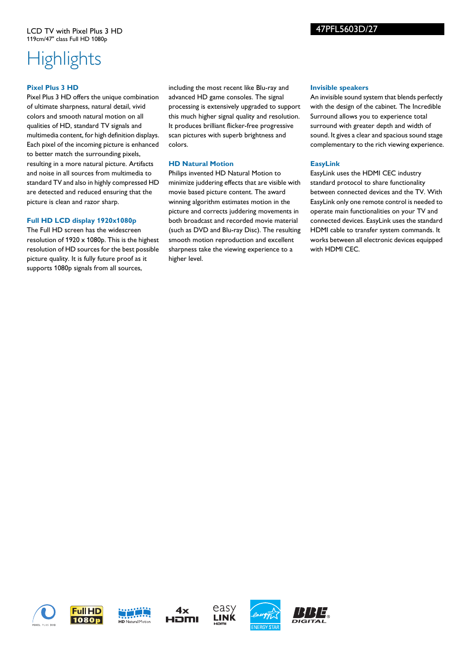 Highlights | Philips 47PFL5603D-27 User Manual | Page 2 / 3