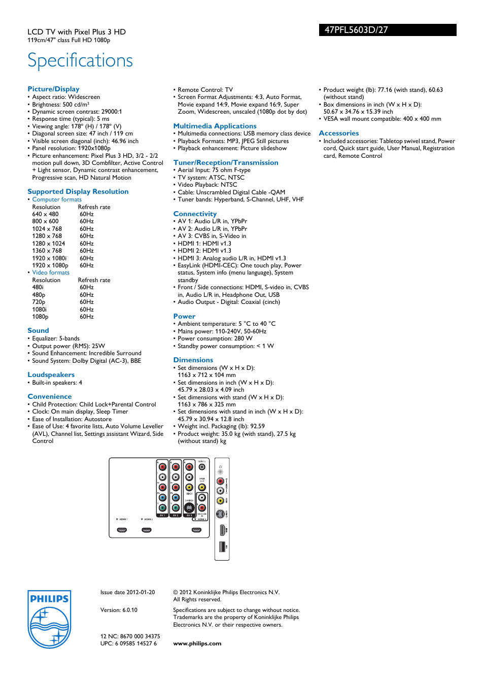 Specifications | Philips 47PFL5603D-27 User Manual | Page 3 / 3