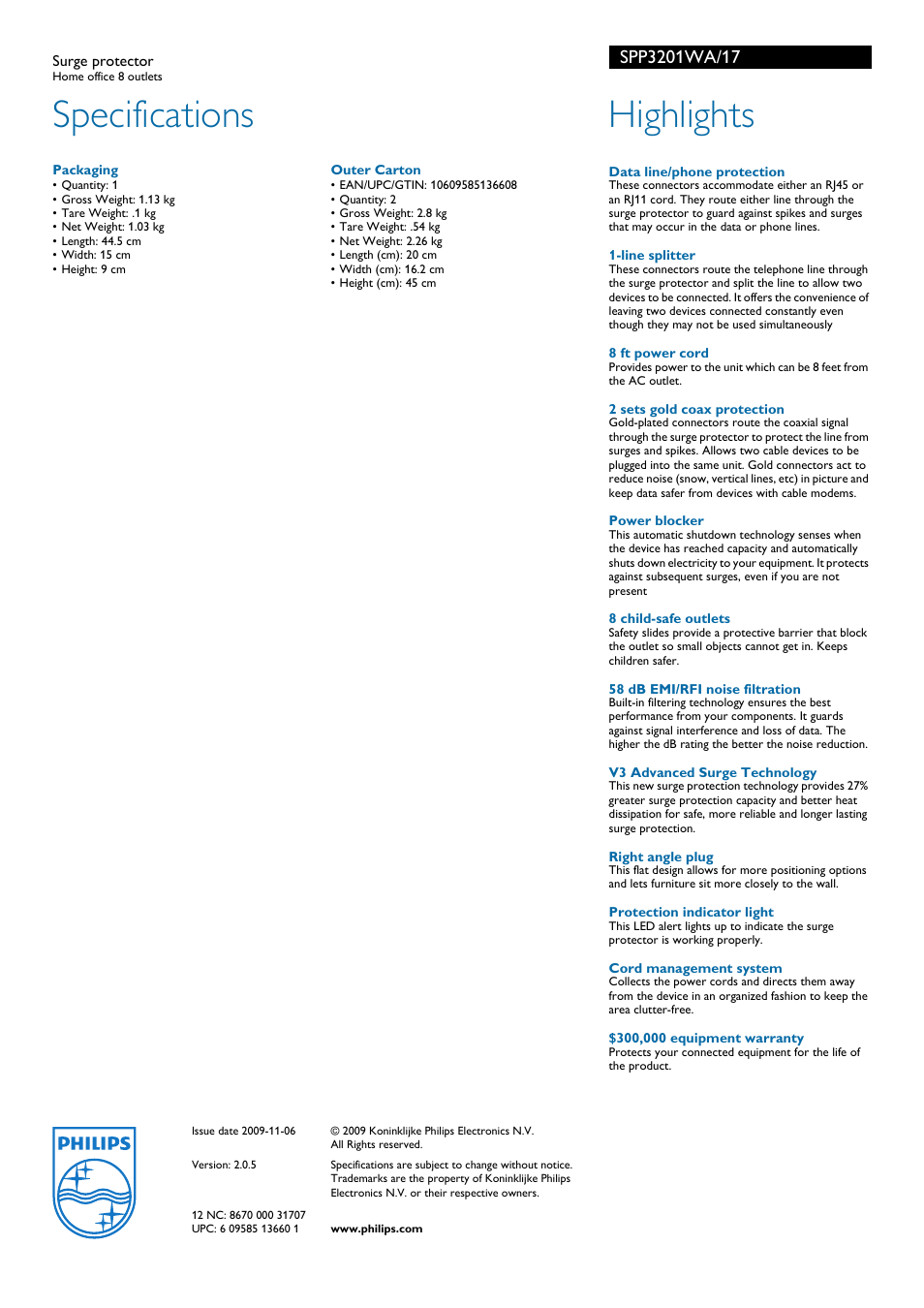 Specifications, Highlights | Philips SPP3201WA-17 User Manual | Page 2 / 2