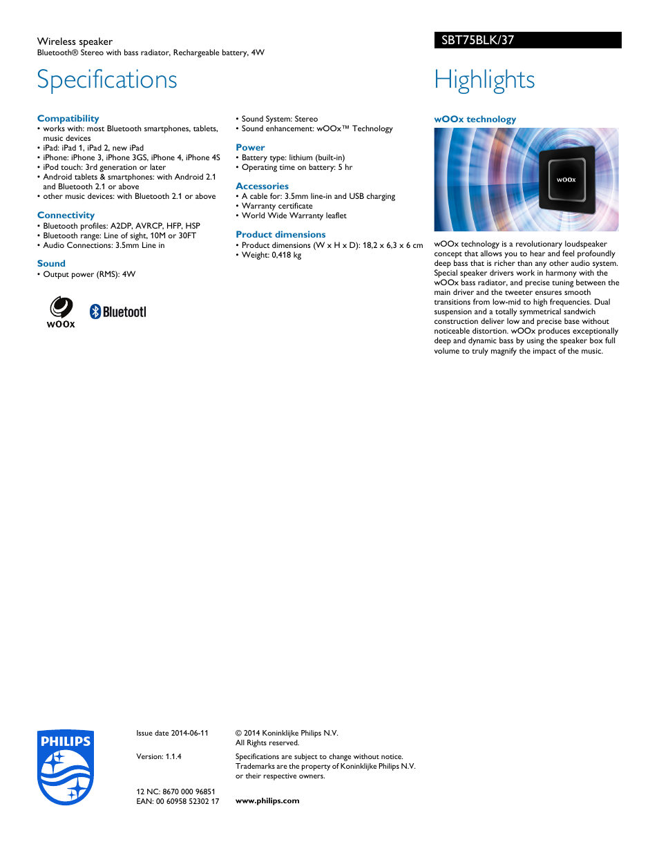 Specifications, Highlights, Sbt75blk/37 | Philips SBT75BLK-37 User Manual | Page 2 / 2