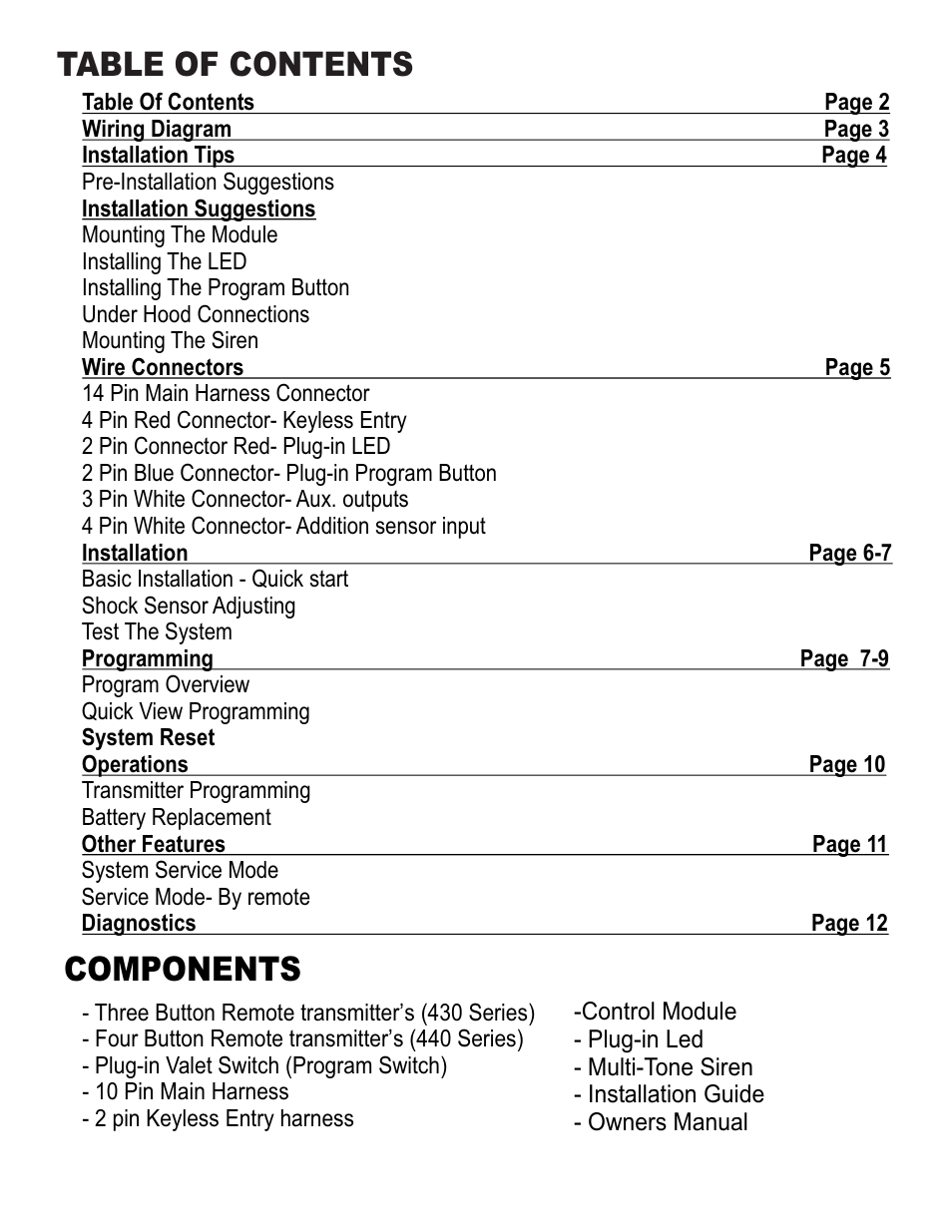 Components table of contents | Ultra Start 430 Series User Manual | Page 2 / 12