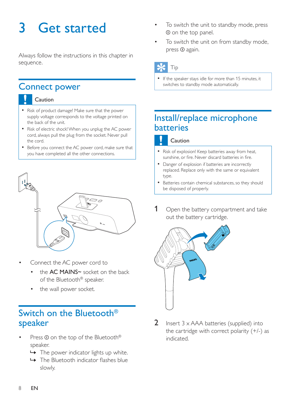 3 get started, Connect power, Switch on the bluetooth® speaker | Install/replace microphone batteries, Switch on the bluetooth, Speaker | Philips wireless microphone & Bluetooth® speaker AEA7000 for iPad User Manual | Page 10 / 18