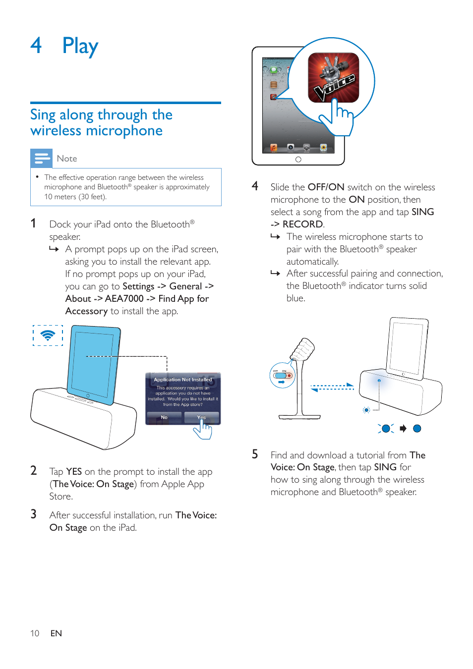 4 play, Sing along through the wireless microphone, Sing along through the wireless | Microphone 10 | Philips wireless microphone & Bluetooth® speaker AEA7000 for iPad User Manual | Page 12 / 18