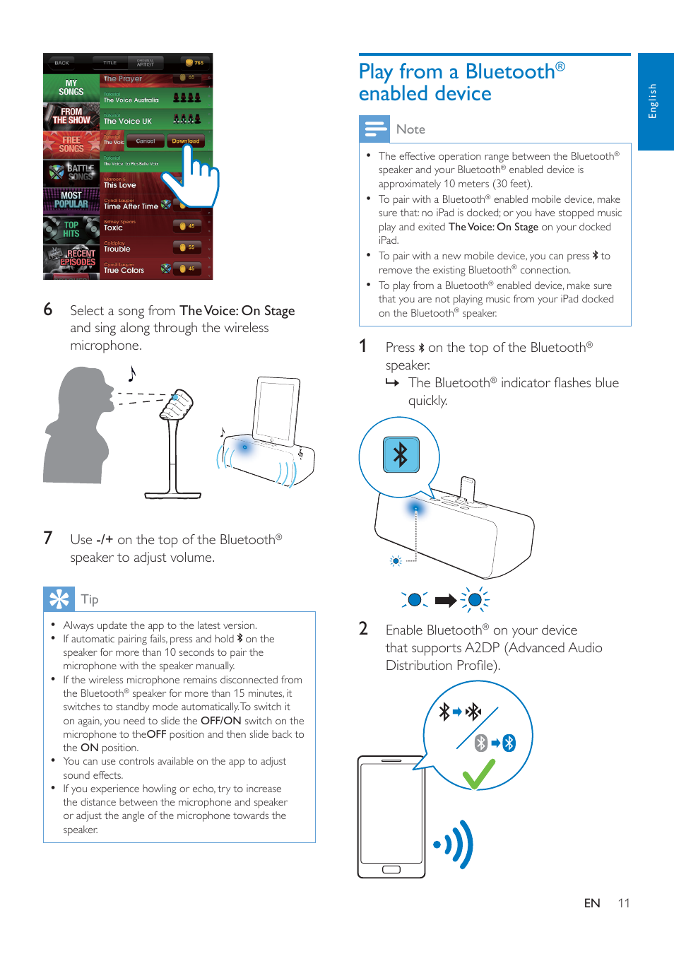 Play from a bluetooth® enabled device, Play from a bluetooth, Enabled device 11 | Philips wireless microphone & Bluetooth® speaker AEA7000 for iPad User Manual | Page 13 / 18