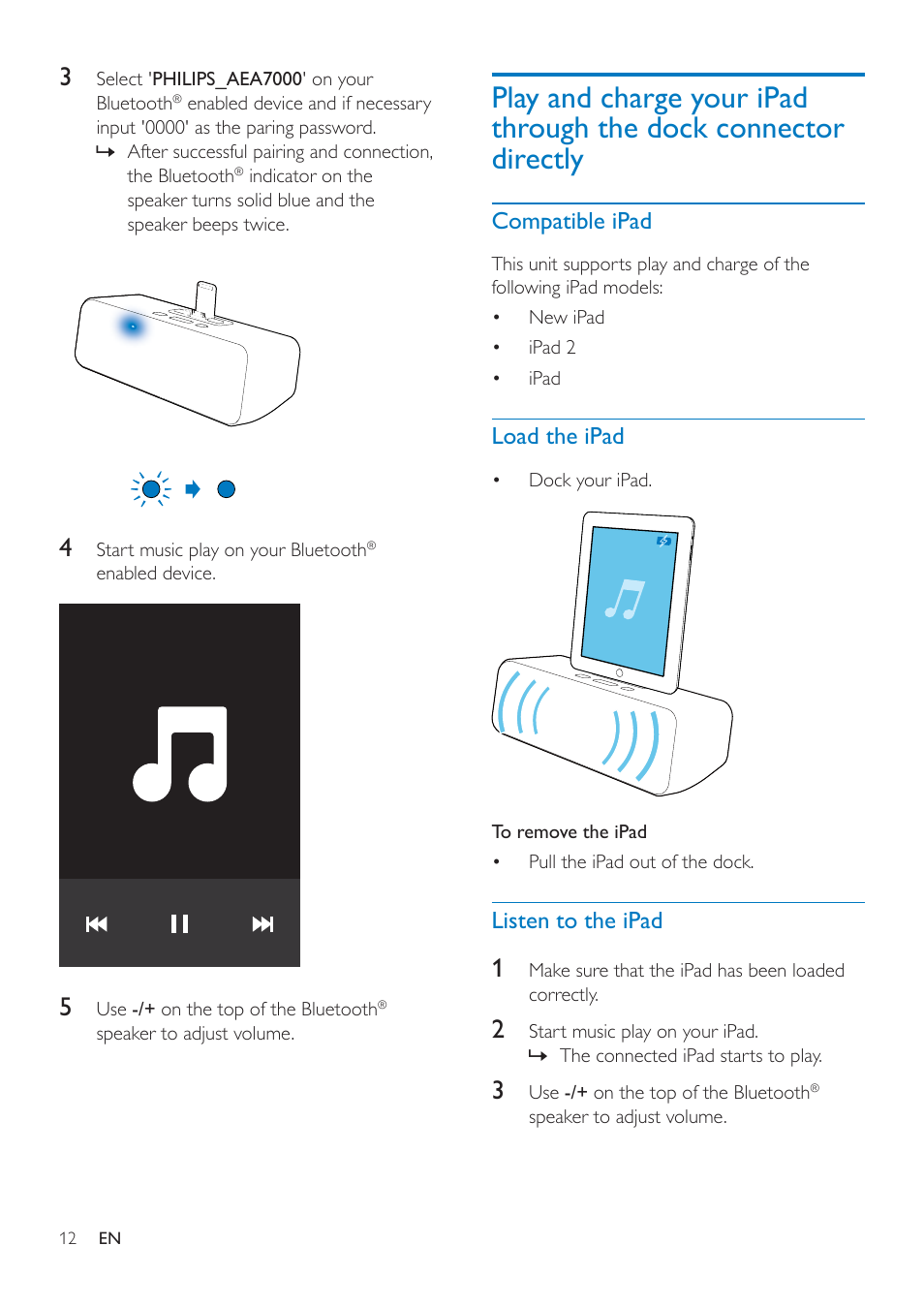 Play and charge your ipad through the, Dock connector directly | Philips wireless microphone & Bluetooth® speaker AEA7000 for iPad User Manual | Page 14 / 18