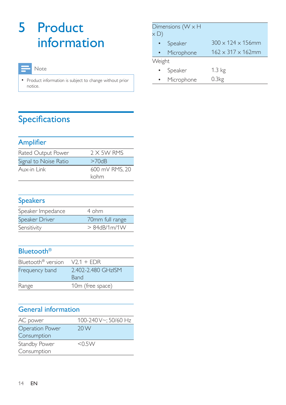 5 product information, Specifications | Philips wireless microphone & Bluetooth® speaker AEA7000 for iPad User Manual | Page 16 / 18