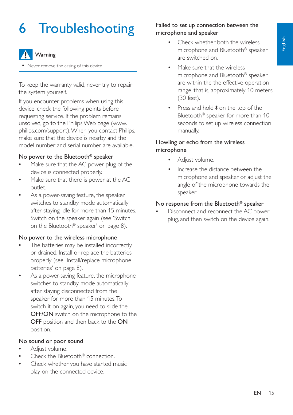 6 troubleshooting | Philips wireless microphone & Bluetooth® speaker AEA7000 for iPad User Manual | Page 17 / 18