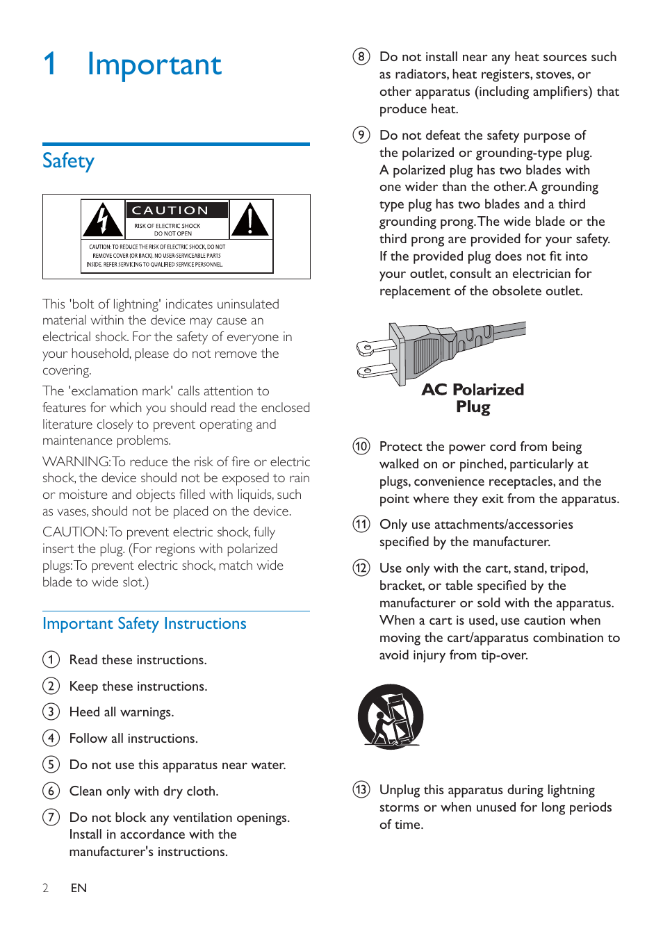 1 important, Safety, Safety 2 | Philips wireless microphone & Bluetooth® speaker AEA7000 for iPad User Manual | Page 4 / 18