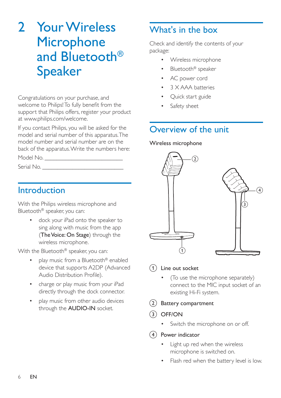 2 your wireless microphone and bluetooth® speaker, Introduction, What's in the box | Overview of the unit, 2 your wireless microphone and, Bluetooth, Speaker, Introduction 6, 2 your wireless microphone and bluetooth | Philips wireless microphone & Bluetooth® speaker AEA7000 for iPad User Manual | Page 8 / 18