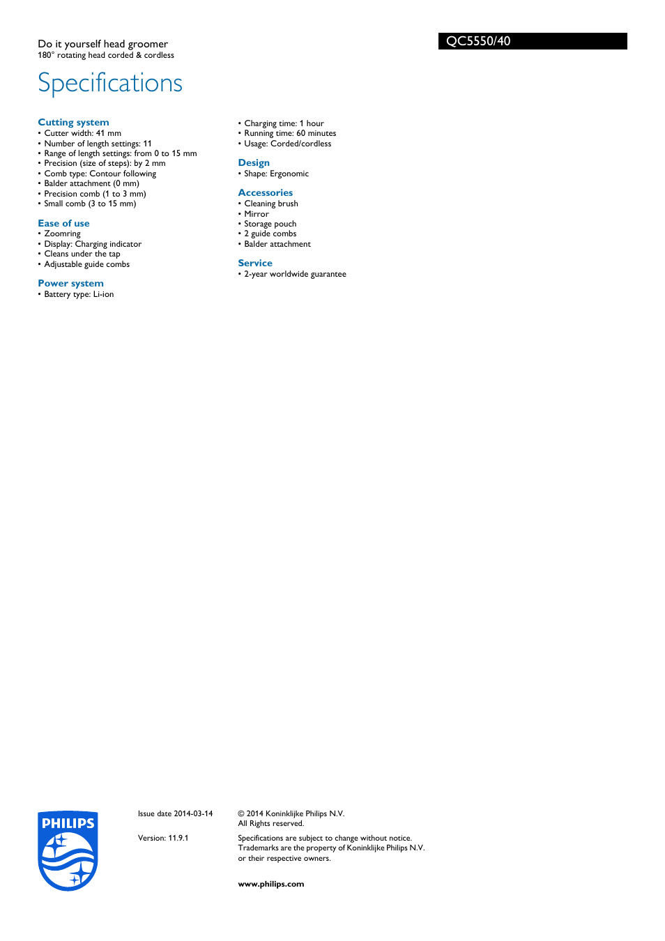 Specifications | Philips QC5550-40 User Manual | Page 3 / 3