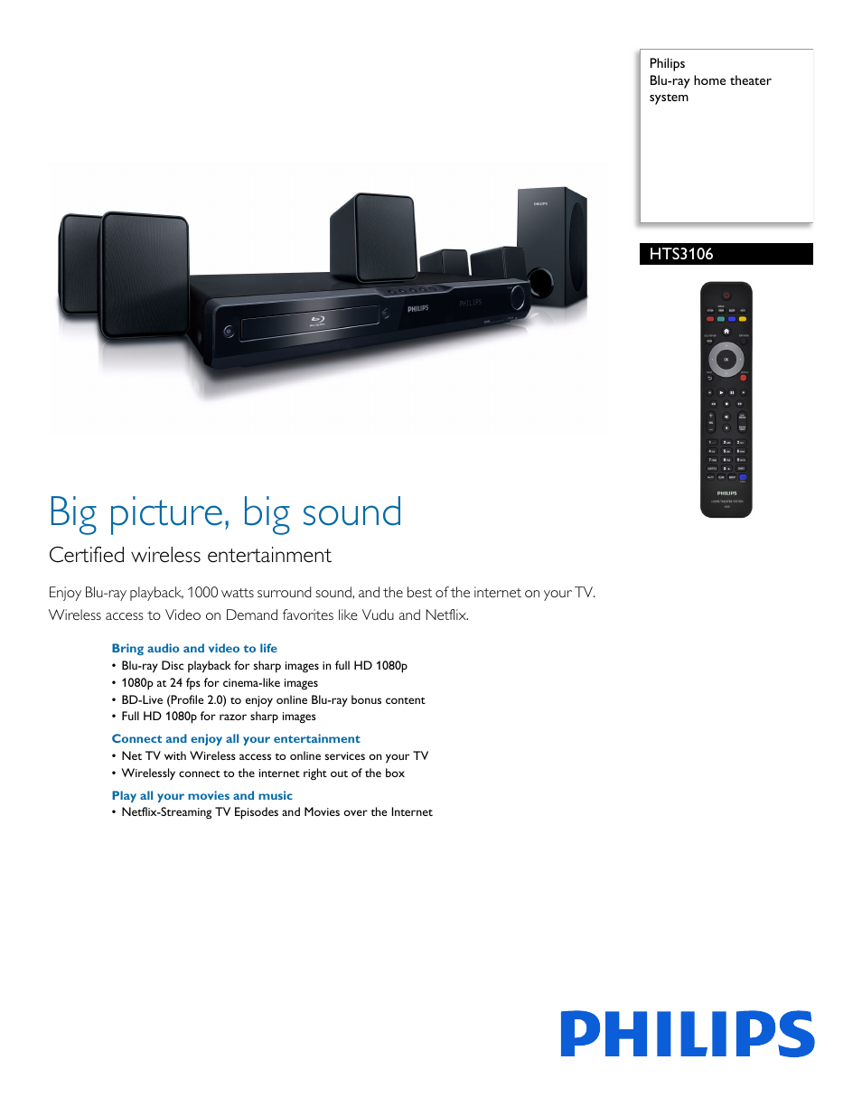 Philips Blu-ray home theater system HTS3106 User Manual | 3 pages