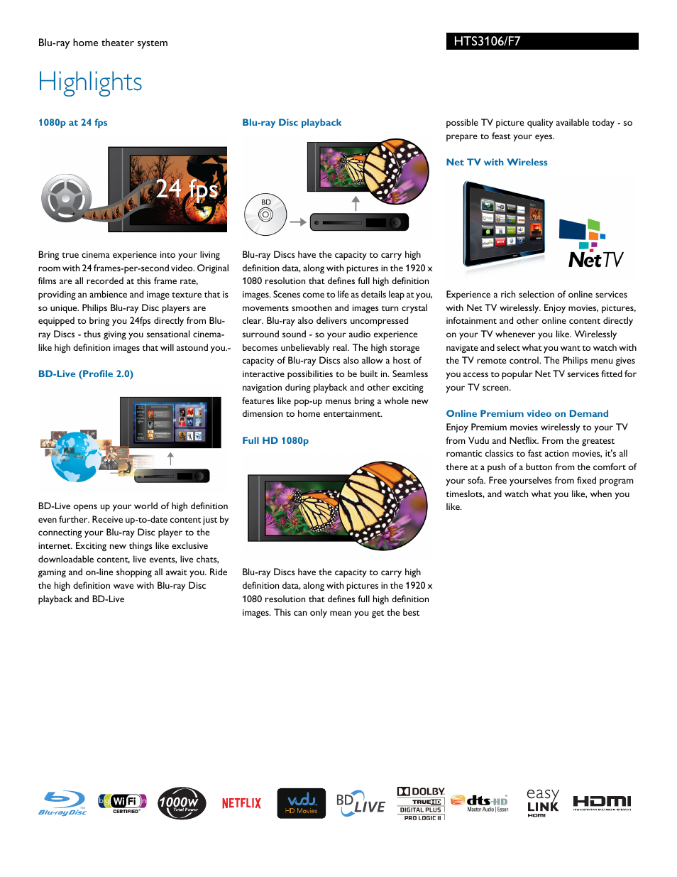Highlights | Philips Blu-ray home theater system HTS3106 User Manual | Page 2 / 3