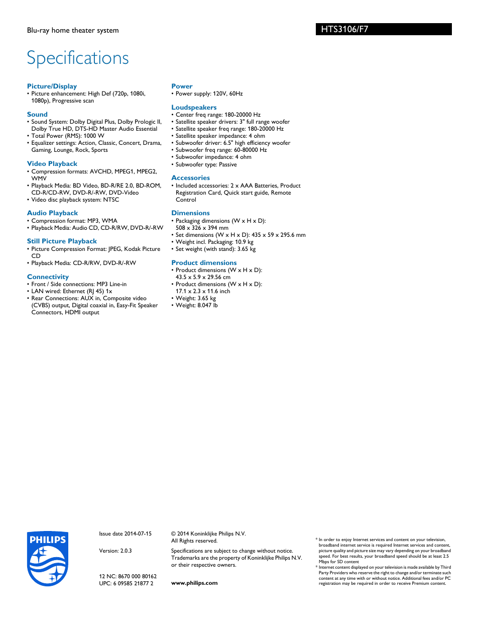 Specifications | Philips Blu-ray home theater system HTS3106 User Manual | Page 3 / 3