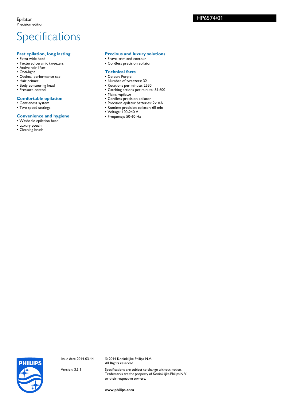 Specifications | Philips HP6574-01 User Manual | Page 3 / 3