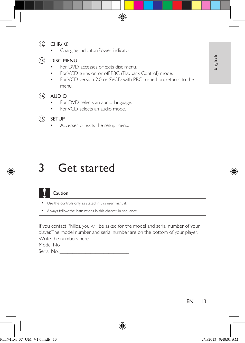 3 get started, Connect power, Charge the battery | Philips PET741M-37 User Manual | Page 12 / 24