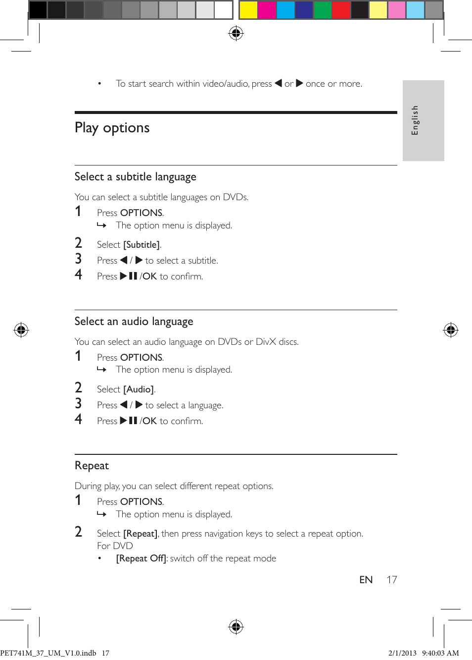 4 play discs, Play options, Select a subtitle language | Select an audio language | Philips PET741M-37 User Manual | Page 16 / 24