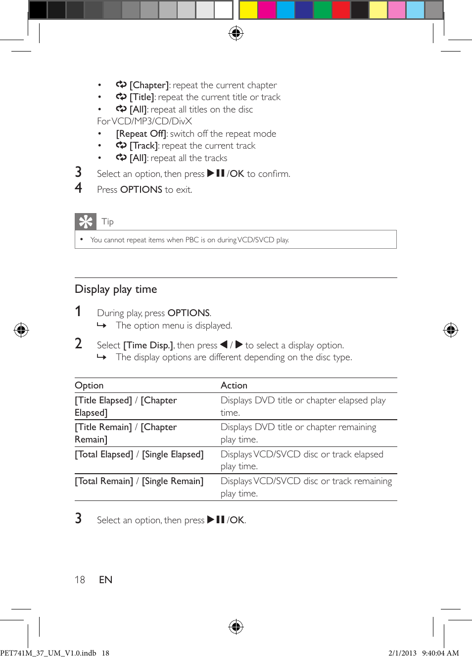 Repeat, Display play time | Philips PET741M-37 User Manual | Page 17 / 24