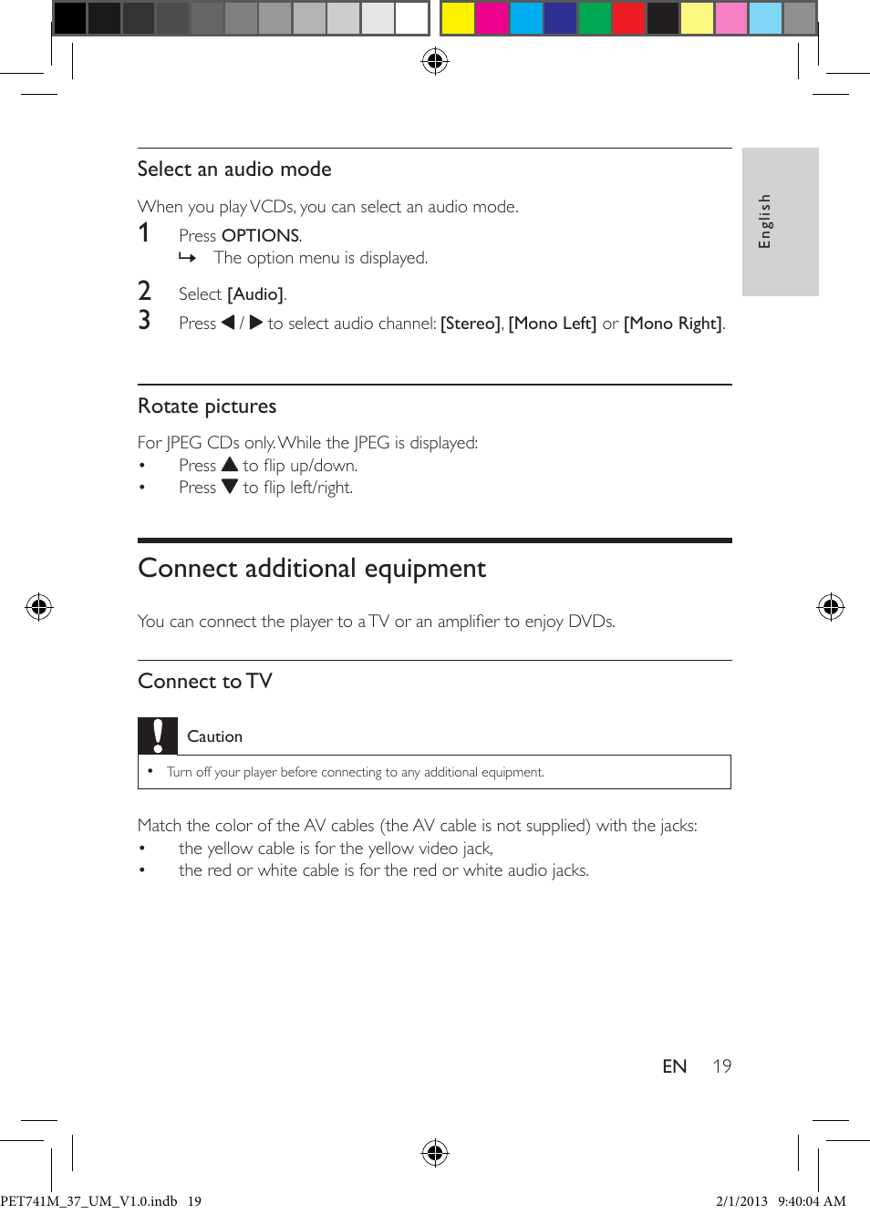 Select an audio mode, Rotate pictures, Connect additional equipment | Philips PET741M-37 User Manual | Page 18 / 24