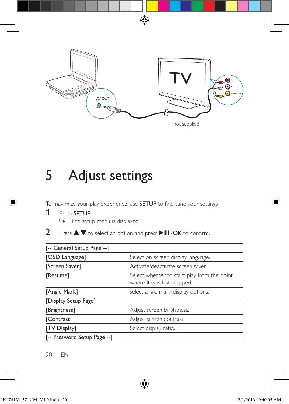 Connect to tv, 5 adjust settings | Philips PET741M-37 User Manual | Page 19 / 24