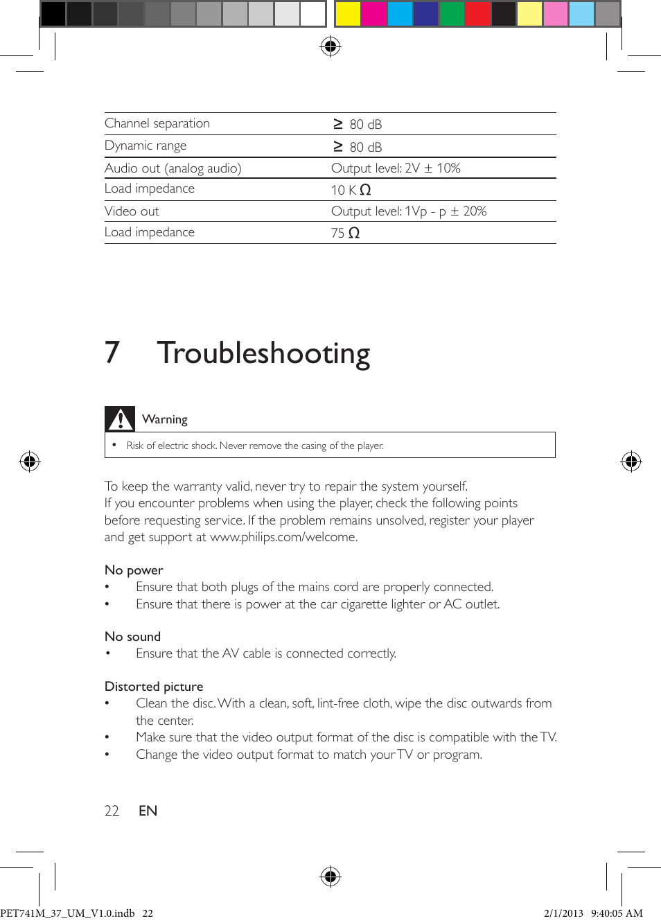 7 troubleshooting | Philips PET741M-37 User Manual | Page 21 / 24