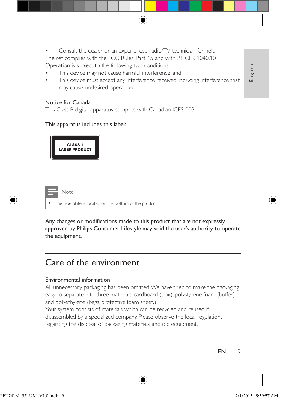 Care of the environment | Philips PET741M-37 User Manual | Page 8 / 24