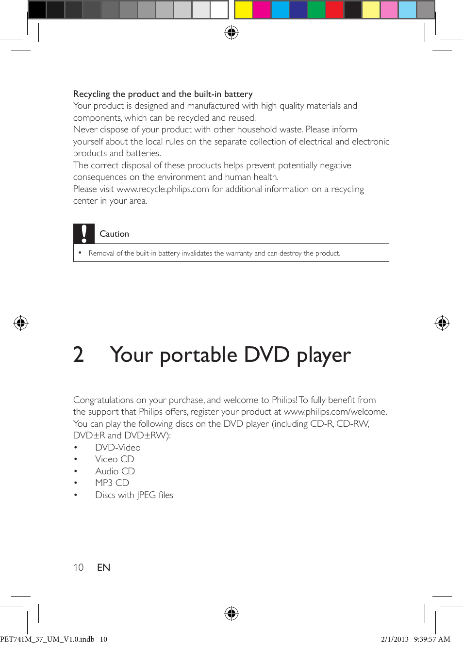 2 your portable dvd player, What's in the box, Overview of the main unit | Philips PET741M-37 User Manual | Page 9 / 24